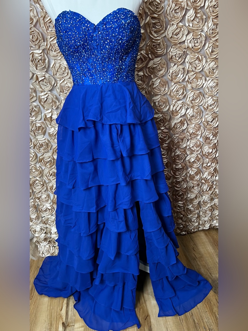 Strapless Royal Blue Ruffled Evening Gown